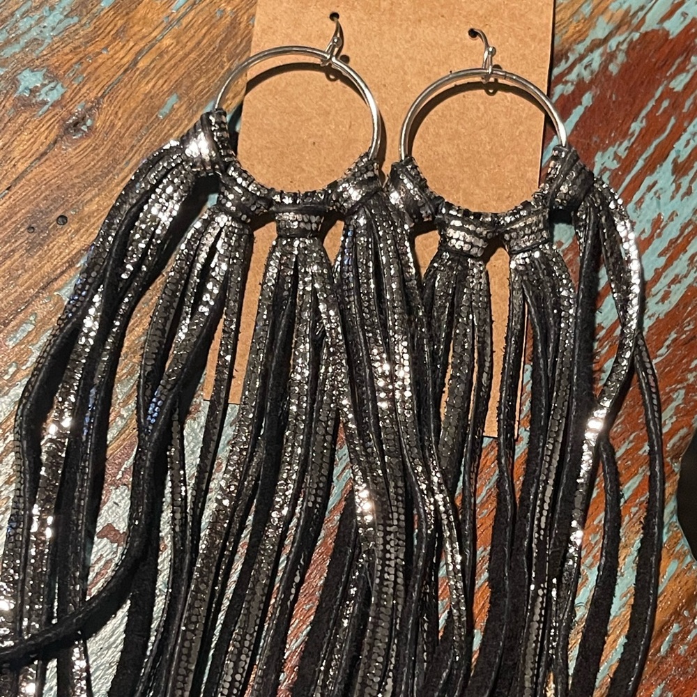 Metallic Black/Silver Long Leather Fringe Earrings